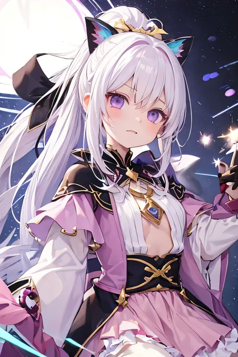 a young girl with white long hair, purple eyes and pink dress, she have a cold and angry expression. WHITE HAIR, SHE IS ALBINIC. with a ponytail