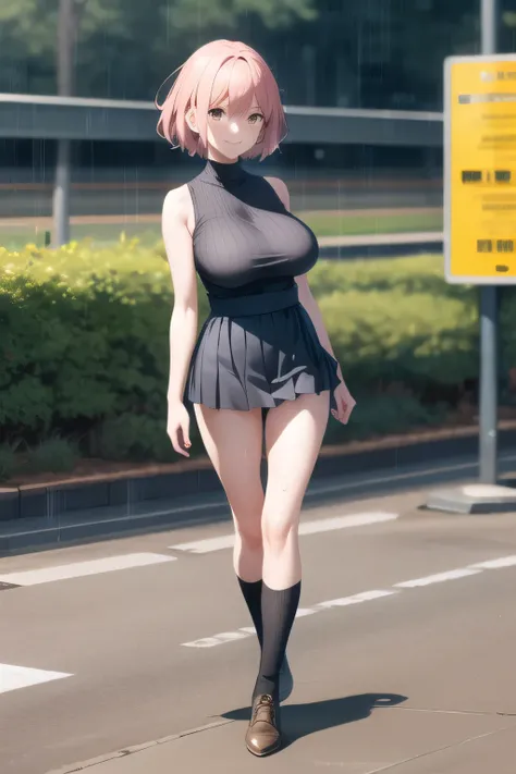 pink haired woman，short hair，Don't get drenched in heavy rain，My Nipples Are Sharp、My Areolas Can Be Seen Through，My whole body is wet in heavy rain，Black wool sweater without sleeves，Hide your chest with a costume，High Socks on My Feet，accurate representa...