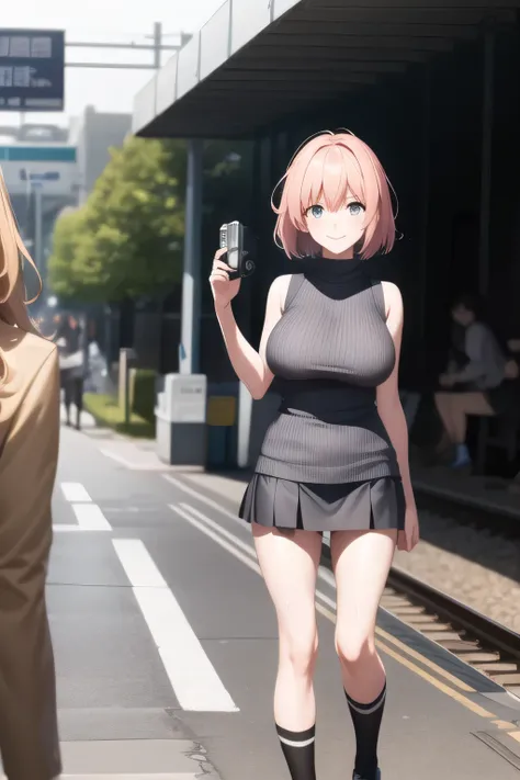 pink haired woman，short hair，Don't get drenched in heavy rain，My Nipples Are Sharp、My Areolas Can Be Seen Through，My whole body is wet in heavy rain，Black wool sweater without sleeves，Hide your chest with a costume，High Socks on My Feet，accurate representa...
