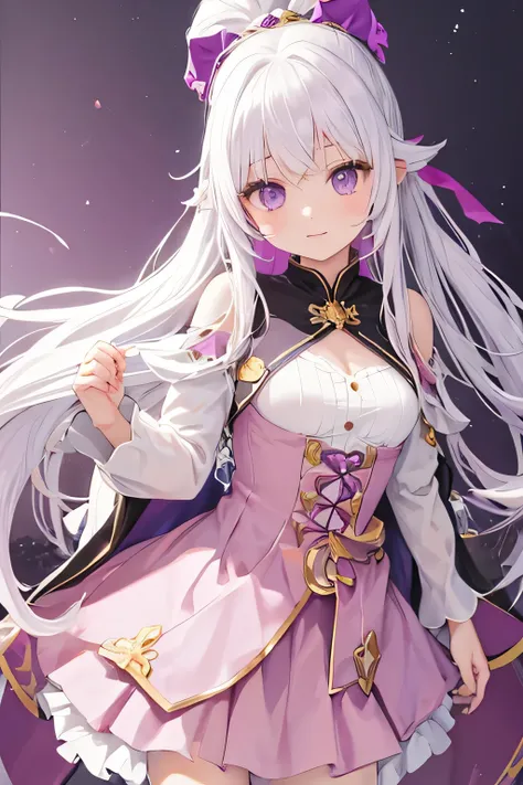 a young girl with white long hair, purple eyes and pink dress, she have a cute expression. WHITE HAIR, SHE IS ALBINIC. with a ponytail