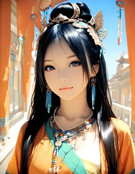 1girl, year 2016, upper body, dunhuang, blue sky, casual clothes, masterpiece, high score, great score, absurdres, 16k, Ultra detailed, (photorealistic : 0.5)
