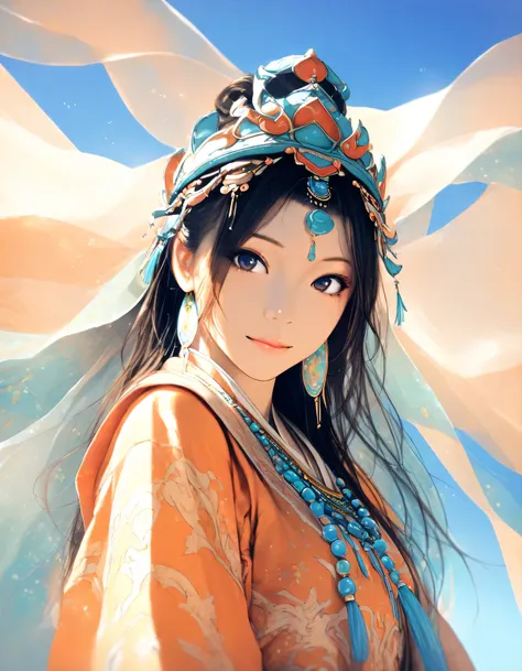 1girl, year 2016, upper body, dunhuang, blue sky, casual clothes, masterpiece, high score, great score, absurdres, 16k, Ultra detailed, (photorealistic : 0.5)