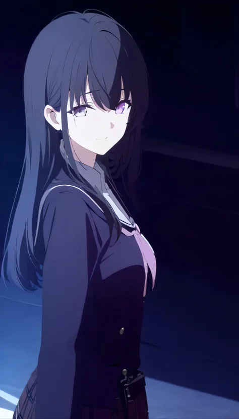 masterpiece, best quality, cg art, solo, 1girl, black hair, long hair, lavender eye, medium breast, dark purple school uniform, standing, looking at viewer, confession, calm, composed, smile, loving gaze, pitch black background only