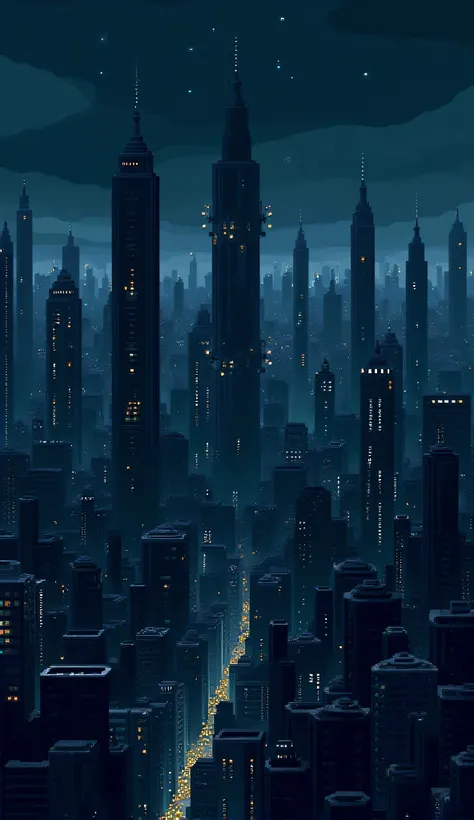 pixel art, a cityscape with crowded building, futuristic town, modern building, skyscraper building, dark sky, night