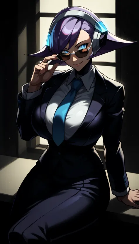Give your images flat even illumination (negative) or dramatic chiaroscuro lighting (positive), 1girls, huge breasts solo, , sitting, looking_at_viewer, indoors, , window, solo, , sunglasses, suit, formal, necktie, , adjusting_eyewear, long_sleeves,Anime, ...