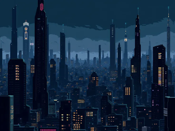 pixel art, a cityscape with crowded building, futuristic town, modern building, skyscraper building, dark sky, night