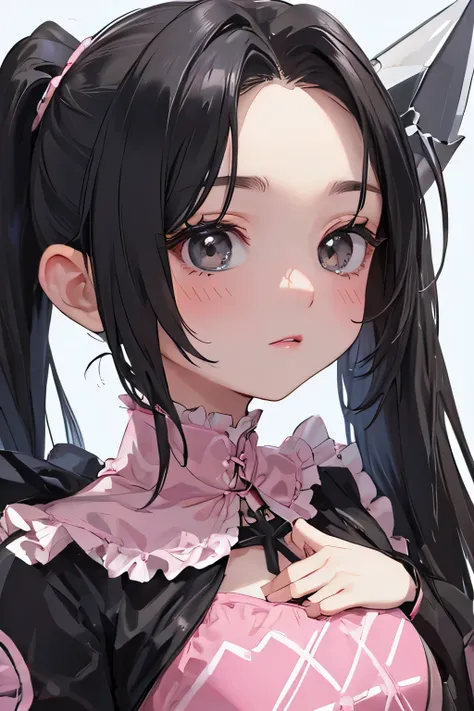 a young girl with black long hair, black eyes and pink dress, she have a cute expression. with a ponytail