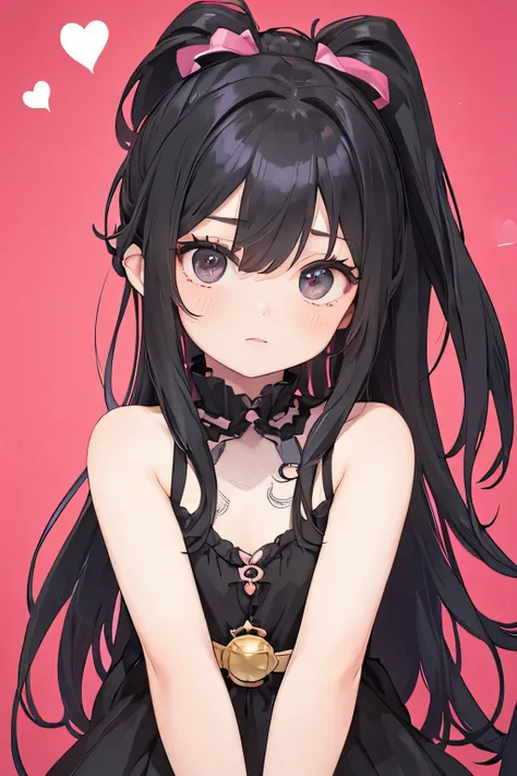 a young girl with black long hair, black eyes and pink dress, she have a cute expression. with a ponytail