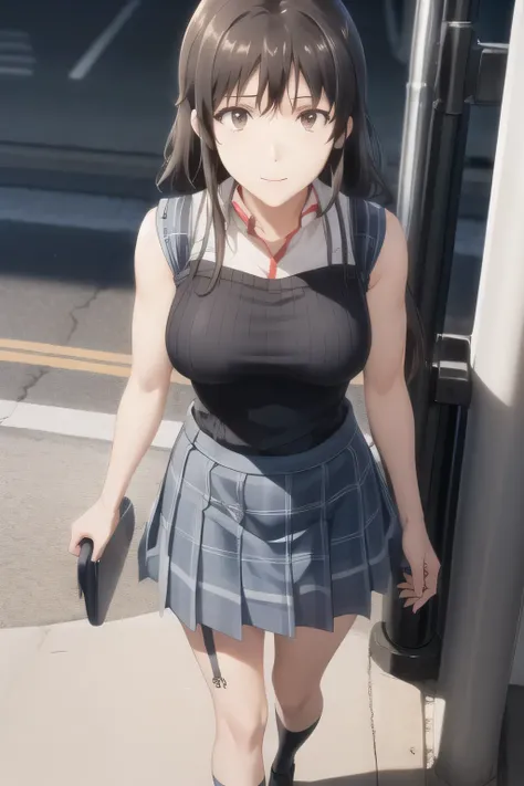 sleeveless black wool sweater，Hide your chest with a costume，High socks on my feet, long black hair，，accurate representation of hands and feet，Draw something big ，nice smile，Beautiful Legs,I'm wearing high socks with a garter belt，can you draw blondes，nice...