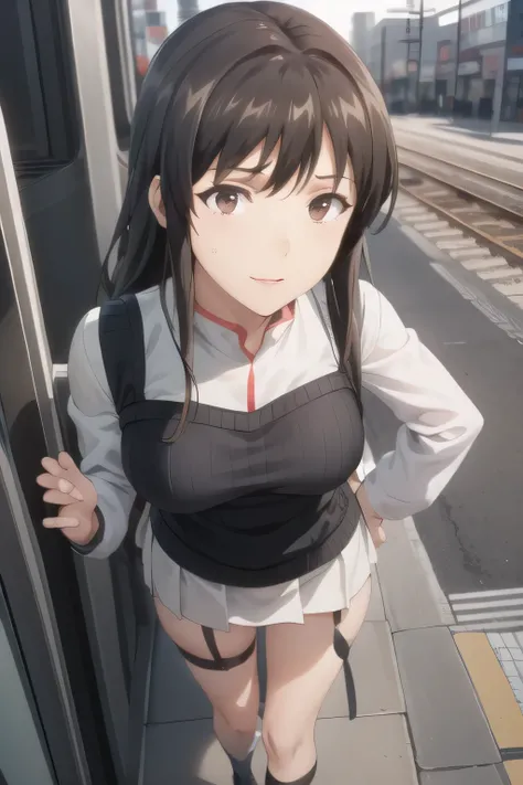 sleeveless black wool sweater，Hide your chest with a costume，High socks on my feet, long black hair，，accurate representation of hands and feet，Draw something big ，nice smile，Beautiful Legs,I'm wearing high socks with a garter belt，can you draw blondes，nice...