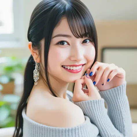 looking at viewer,   (Lola：Amamiya Sky) (8K)（ponytail）（1 person，solo）（1 personの写真）（Beautiful mature woman with red lipstick）（Upper body shot 1 :miling）（）（off shoulder sweater）（）（Street Corner）（Big beautiful breasts）（）