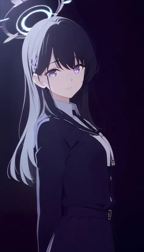 masterpiece, best quality, cg art, solo, 1girl, black hair, long hair, lavender eye, medium breast, dark purple school uniform, standing, looking at viewer, confession, calm, composed, smile, loving gaze, pitch black background only