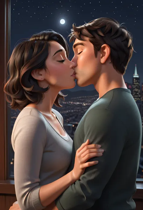 (Two people kissing). (1 boy, 1 girl), Cass Hamada kissing Tadashi Hamada, Big Hero 6, detailed facial features, romantic expression, dynamic pose, high quality, 8k, ultra detailed, soft lighting, romantic atmosphere, San Francisco cityscape background, wi...