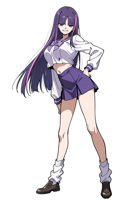 score_9, score_8_up, score_7_up, 1girl, mature, solo, smirk, long hair, bangs , straight hair, purple hair , pink highlights inner , purple eyes, violet sailor uniform, navel , short skirt, long legs , big breast , arched back , hand on hip , loose socks, ...