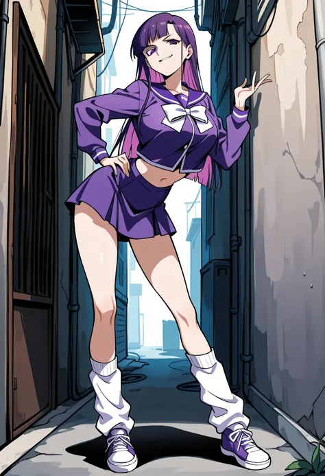 score_9, score_8_up, score_7_up, 1girl, mature, solo, smirk, long hair, bangs , straight hair, purple hair , pink highlights inner , purple eyes, violet sailor uniform, navel , short skirt, long legs , big breast , arched back , hand on hip , loose socks, ...