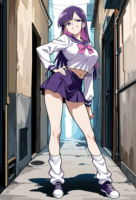 score_9, score_8_up, score_7_up, 1girl, mature, solo, smirk, long hair, bangs , straight hair, purple hair , pink highlights inner , purple eyes, purple sailor school uniform, navel , short skirt, long legs , big breast , arched back , hand on hip , loose ...