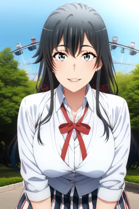   beautiful smiling woman  ，Can you draw a woman smiling in front of the giant ferris wheel at Takasago Rinkai Park，20-year-old adult woman with a nice smile，with long black hair at Kasai Rinkai Park，Big breasts、 The  ，I need a face，white blouse，Navy Blue ...