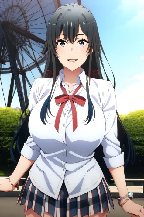  beautiful smiling woman  ，Can you draw a woman smiling in front of the giant ferris wheel at Takasago Rinkai Park，20-year-old adult woman with a nice smile，with long black hair at Kasai Rinkai Park，Big breasts、 The  ，I need a face，white blouse，Navy Blue ...