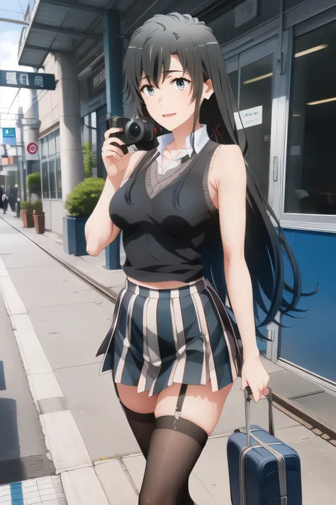 long black hair，sleeveless black wool sweater，hide your chest with a costume，2 high socks on your feet，accurate representation of hands and feet，draw big ones ，nice smile，Beautiful Legs,I'm wearing high socks with a garter belt，Can you draw a blonde，nice s...