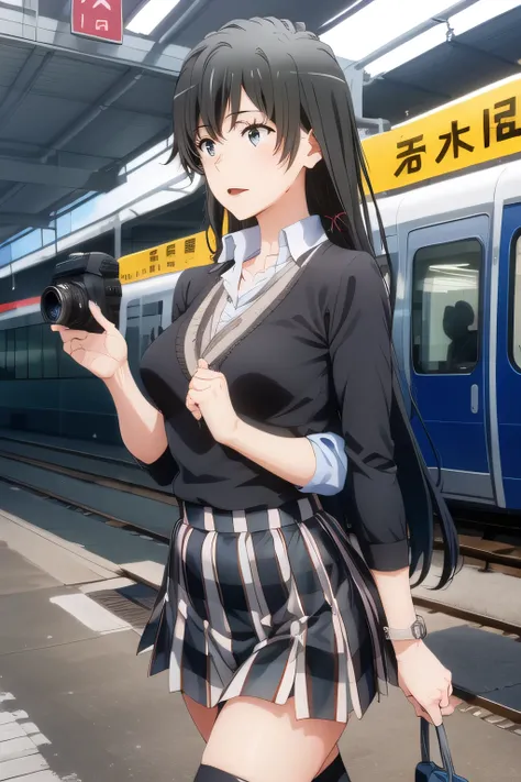 long black hair，sleeveless black wool sweater，hide your chest with a costume，2 high socks on your feet，accurate representation of hands and feet，draw big ones ，nice smile，Beautiful Legs,I'm wearing high socks with a garter belt，Can you draw a blonde，nice s...