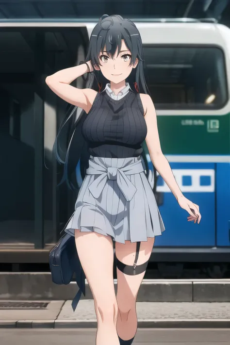 black long haired woman，Please draw a more accurate representation of hands and legs，The animated CG，The face is absolutely necessary，sleeveless black wool sweater，hide your chest with a costume，2 high socks on your feet，accurate representation of hands an...