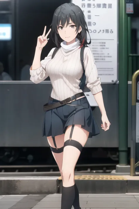 long black haired woman ，draw a picture of her hands and feet more accurately，animated CG，The face is absolutely necessary，sleeveless black wool sweater，Hide your chest with a costume，Wear 2 high socks on your feet，accurate representation of hands and feet...
