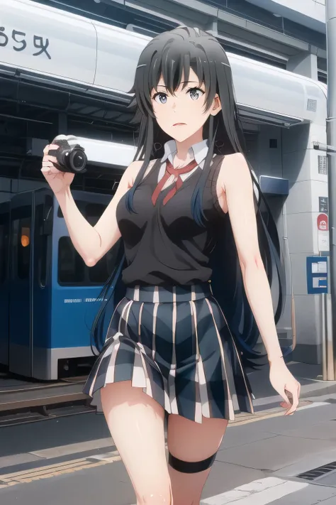 Please draw a more accurate representation of hands and legs，The animated CG，The face is absolutely necessary，long black hair，sleeveless black wool sweater，Hide your chest with a costume，Wear 2 high socks on your feet，accurate representation of hands and f...