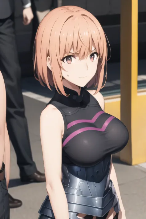 The face is absolutely necessary，The animated CG，Pink Hair at the Root，short hair，Can you draw a black sleeveless armor combat suit，nice smile，Can you draw a woman looking at a train，draw a woman waiting in front of the car in front of you，東京の地下鉄ホームでwaitin...
