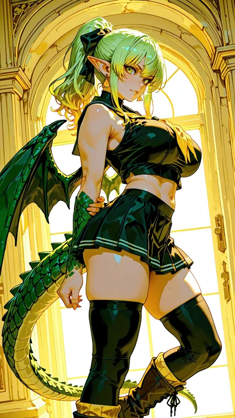 (Very refined),Distorted Daredevil Alligator Gal Girl is characterized by,fine,Very thin ,is characterized by having sharp green gray eyes with a fearless face that has never been seen,(Isekai School Background:1.2),(tall),(166cm:1.1),BREAK BON CUBON,EXTRA...