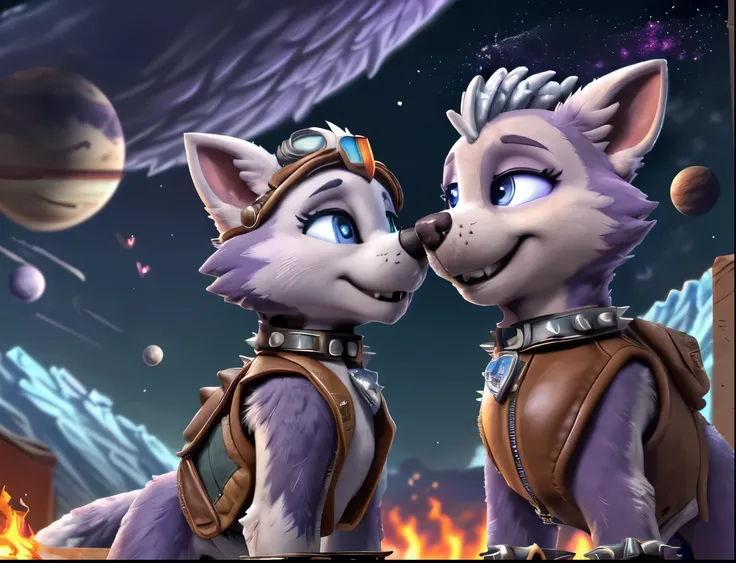 Everest, Gasket, 2girls, 2girl, ((2 girls)), (2 girls:1.95), (two girls:1.65), ((Paw Patrol)), ((female solo)), domestic dog, female, adult female, (blue eyes:1.65), (lavender fur:1.65), ((lavender body)), (feral:1.85), (quadruped: 1.85), ((sharp teeths)),...