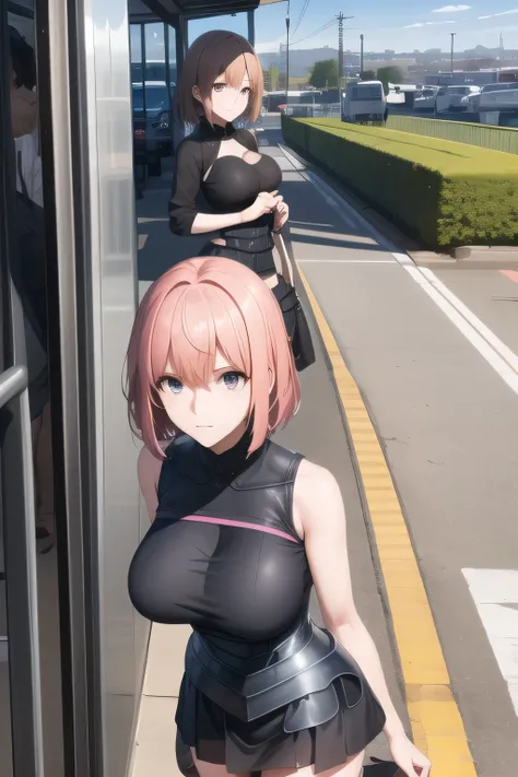 Will it be a black pleated mini skirt，Accurate representation of hands and legs，nice smileの女性，The face is absolutely necessary，Animated CG，pink hairline，short hair，can you draw a black sleeveless armor combat suit，nice smile，Can you draw a woman looking at...