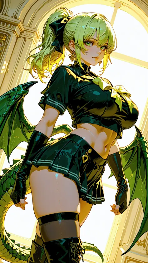 (Very refined),Distorted Daredevil Alligator Gal Girl is characterized by,fine,Very thin ,is characterized by having sharp green gray eyes with a fearless face that has never been seen,(Isekai School Background:1.2),(tall),(166cm:1.1),BREAK BON CUBON,EXTRA...