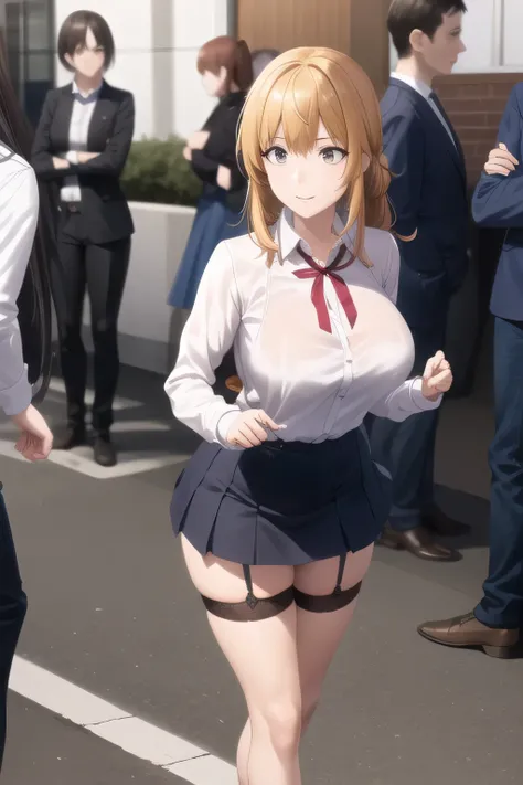 sleeveless black wool sweater，hide your chest with a costume，2 high socks on your feet，accurate representation of hands and feet，draw big ones ，nice smile，Beautiful Legs,I'm wearing high socks with a garter belt，Can you draw a blonde，nice smile，The face is...