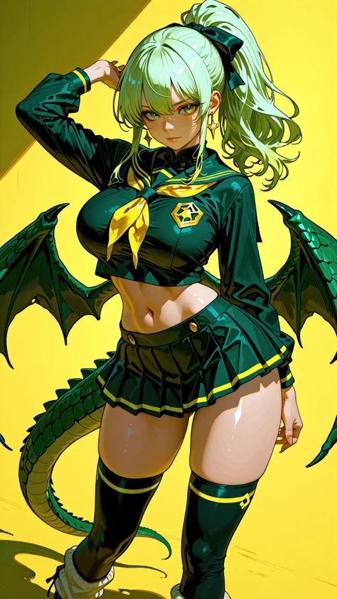 (Very refined),Distorted Daredevil Alligator Gal Girl is characterized by,fine,Very thin ,is characterized by having sharp green gray eyes with a fearless face that has never been seen,(Isekai School Background:1.2),(tall),(166cm:1.1),BREAK BON CUBON,EXTRA...