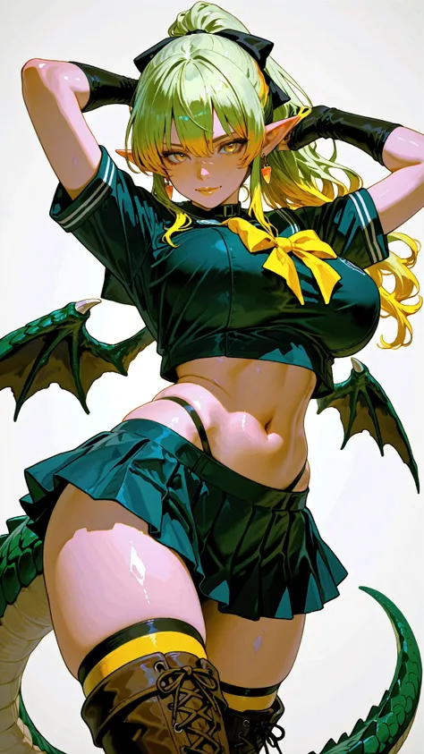 (Very refined),Distorted Daredevil Alligator Gal Girl is characterized by,fine,Very thin ,is characterized by having sharp green gray eyes with a fearless face that has never been seen,(Isekai School Background:1.2),(tall),(166cm:1.1),BREAK BON CUBON,EXTRA...