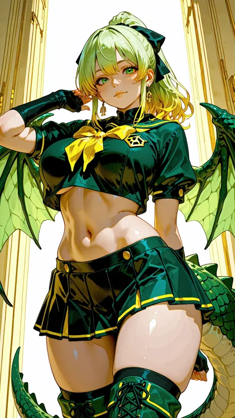 (Very refined),Distorted Daredevil Alligator Gal Girl is characterized by,fine,Very thin ,is characterized by having sharp green gray eyes with a fearless face that has never been seen,(Isekai School Background:1.2),(tall),(166cm:1.1),BREAK BON CUBON,EXTRA...