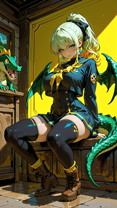 (Very refined),Distorted Daredevil Alligator Gal Girl is characterized by,fine,Very thin ,is characterized by having sharp green gray eyes with a fearless face that has never been seen,(Isekai School Background:1.2),(tall),(166cm:1.1),BREAK BON CUBON,EXTRA...