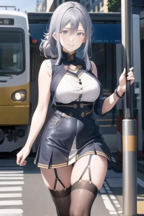 The face is absolutely necessary，The animated CG，sleeveless black wool sweater，hide your chest with a costume，2 high socks on your feet，accurate representation of hands and feet，draw big ones ，nice smile，Beautiful Legs,I'm wearing high socks with a garter ...