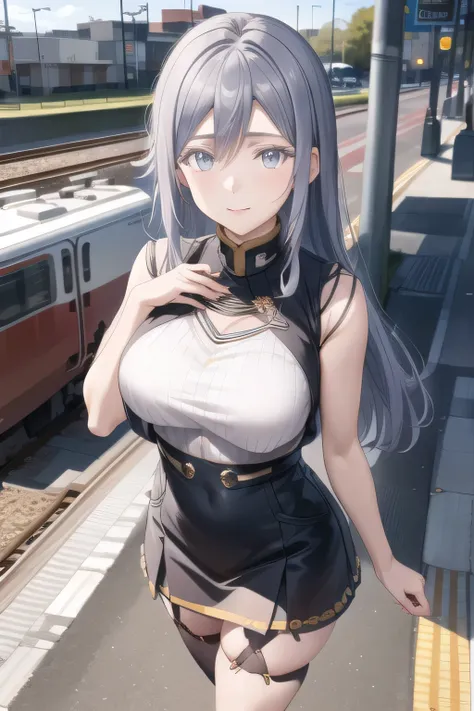 The face is absolutely necessary，The animated CG，sleeveless black wool sweater，hide your chest with a costume，2 high socks on your feet，accurate representation of hands and feet，draw big ones ，nice smile，Beautiful Legs,I'm wearing high socks with a garter ...