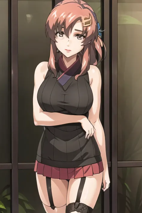 sleeveless black wool sweater，hide your chest with a costume，2 high socks on your feet，accurate representation of hands and feet，draw big ones ，nice smile，Beautiful Legs,I'm wearing high socks with a garter belt，Can you draw a blonde，nice smile，The face is...
