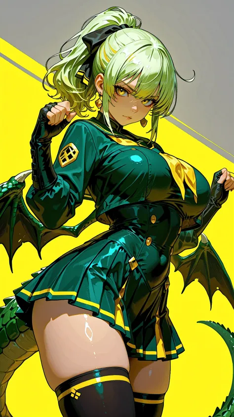 (Very refined),Distorted Daredevil Alligator Gal Girl is characterized by,fine,Very thin ,is characterized by having sharp green gray eyes with a fearless face that has never been seen,(Isekai School Background:1.2),(tall),(166cm:1.1),BREAK BON CUBON,EXTRA...