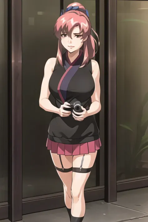 pink hair,ponytail hair ，nice smileの女性，The face is absolutely necessary，The animated CG，Accurate representation of hands and legs，sleeveless black wool sweater，Hide your chest with a costume，Wear 2 high socks on your feet，accurate representation of hands a...