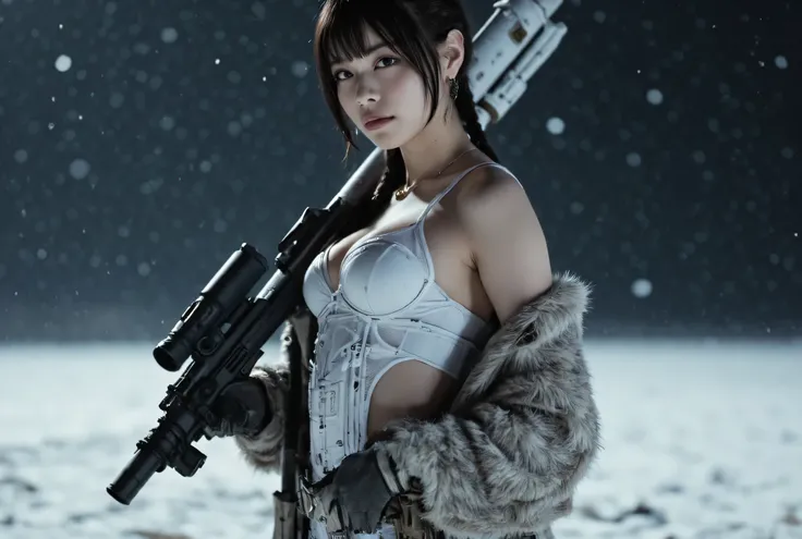 (((Snowy field in the middle of the night with heavy snowfall:2.0))),(((HR Gigger-like cyberpunk Atmosphere:2.0))),(((Carrying a nearly white rocket launcher on your shoulder:2.0))),dynamic pose,standing figure,((Full Body:2.0)),one woman,(cute face),(Beau...