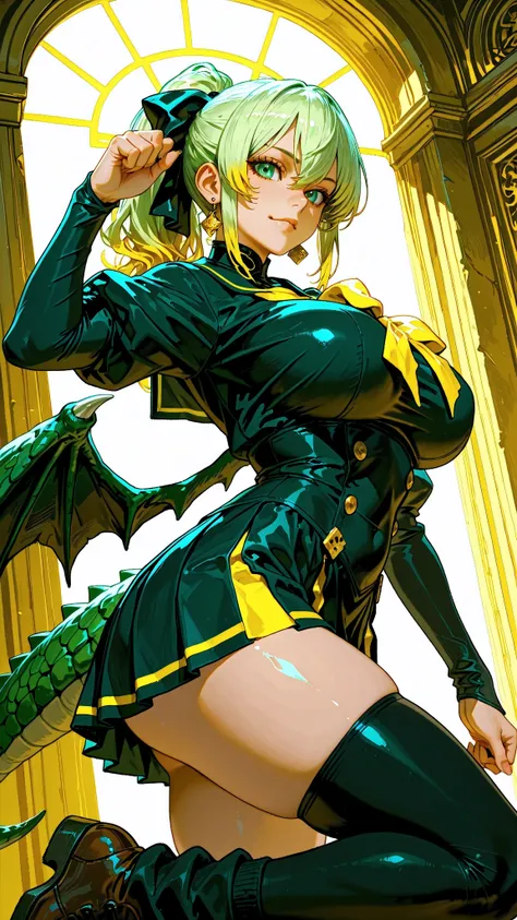 (Very refined),Distorted Daredevil Alligator Gal Girl is characterized by,fine,Very thin ,is characterized by having sharp green gray eyes with a fearless face that has never been seen,(Isekai School Background:1.2),(tall),(166cm:1.1),BREAK BON CUBON,EXTRA...
