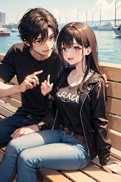 Please draw what you like.8k,Scene: day. City Wharf. Calm water in the background, boats, the green of the park and the water bench. A guy and a girl are sitting on a bench. light breeze, приятная тёплая atmosphere.
Character 1: guy
- Appearance: . long d...