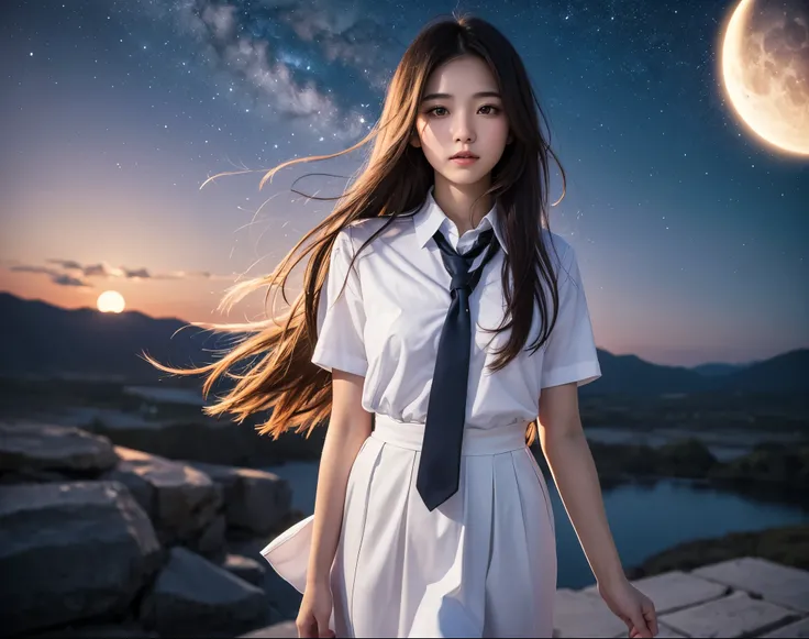 A highly realistic portrait of a stylish 18-year-old Japanese girl standing under a crescent moon. She has a unique hairstyle split evenly: one half jet-black and the other half blonde. Her expression is youthful and confident. She's wearing a short, breez...