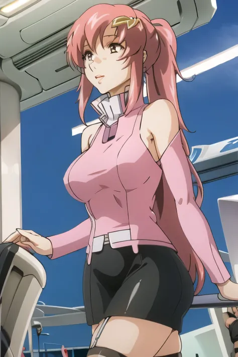 nice smileの女性,pink hair,ponytail hair ,Sleeveless black woolen sweater,Hide your chest with a costume,Wear 2 high socks on your feet,accurate representation of hands and feet,Draw something big ,nice smile,Beautiful Legs,I'm wearing high socks with a garte...