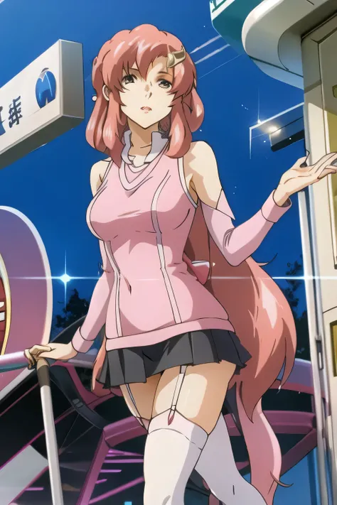 nice smileの女性,pink hair,ponytail hair ,Sleeveless black woolen sweater,Hide your chest with a costume,Wear 2 high socks on your feet,accurate representation of hands and feet,Draw something big ,nice smile,Beautiful Legs,I'm wearing high socks with a garte...