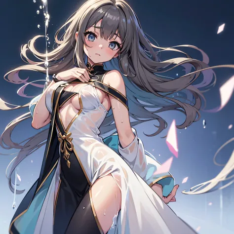 masterpiece, best quality, anime style, beautiful girl inspired by Futaba Rio, elegant wet white sideboob dress, clinging to body, wet transparent fabric, soaked silky dress, sideboob visible, detailed wet texture, visible body silhouette through the fabri...