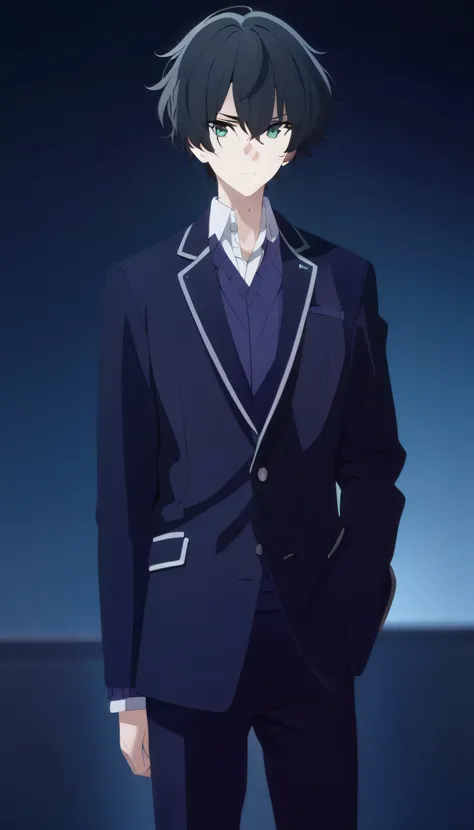 masterpiece, best quality, cg art, solo, 1male, bratty, athletic posture, black hair, untidy short hair, green eye, dark purple male school uniform with blazer and long pants, standing, looking at viewer, calm, composed, serious, pitch black background onl...